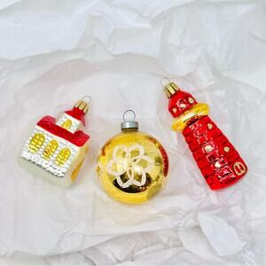 Vintage Glass Christmas Ornaments Lighthouse Bulb Church Set of Three Red Gold